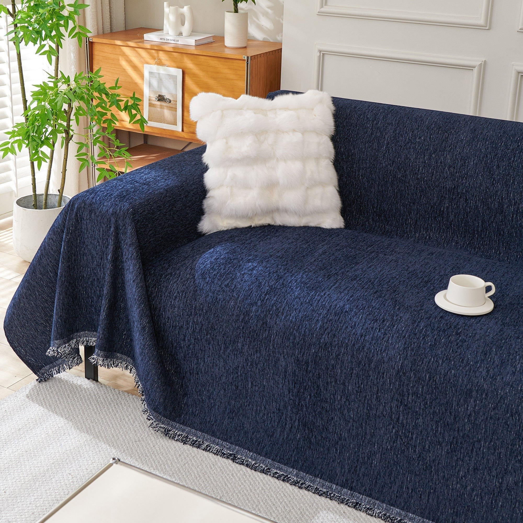 Textured Sofa Cover with Fringed Edges