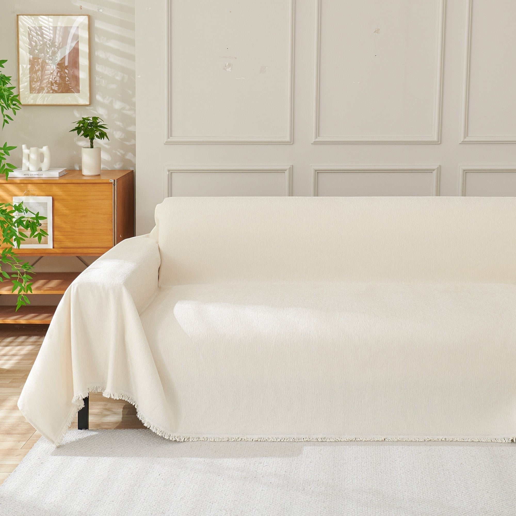 Textured Sofa Cover with Fringed Edges