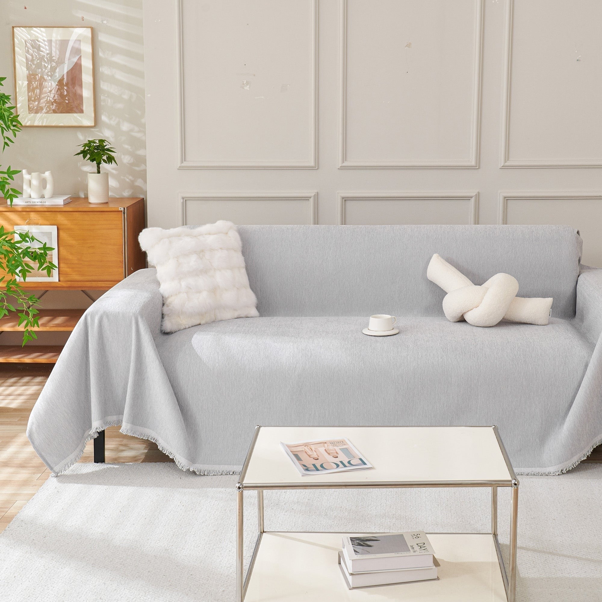 Textured Sofa Cover with Fringed Edges