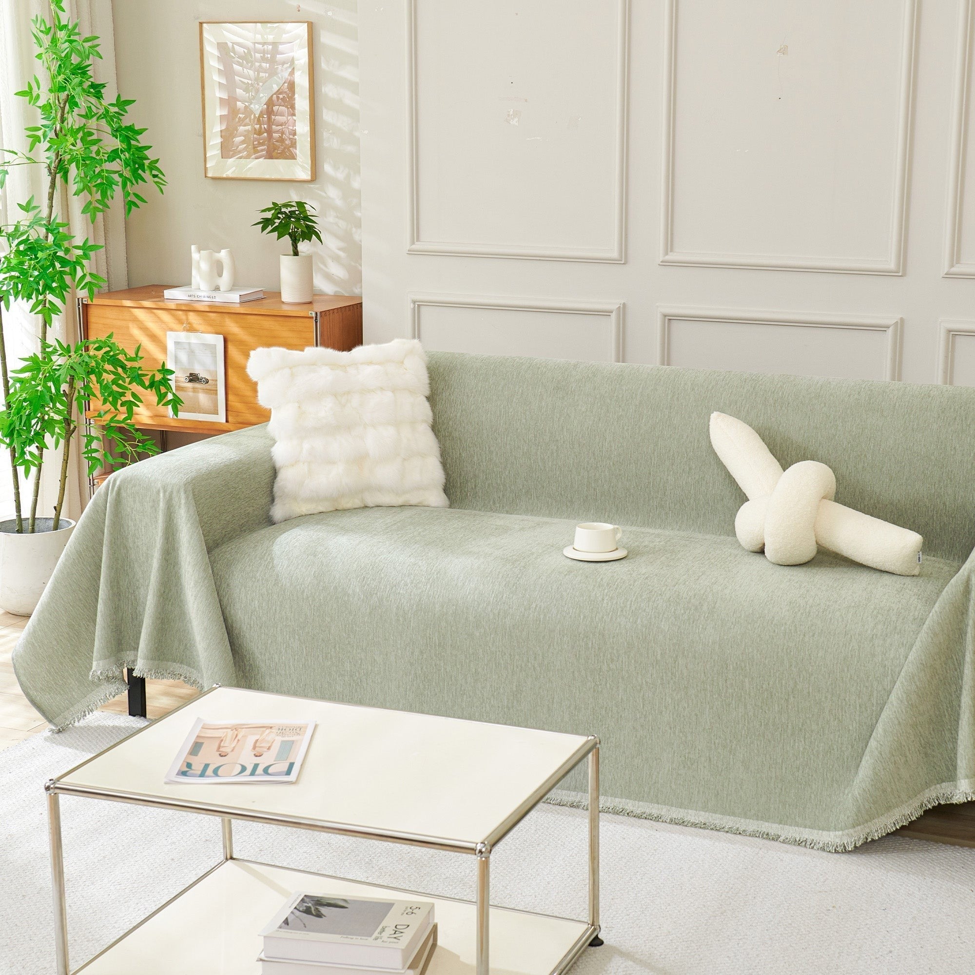 Textured Sofa Cover with Fringed Edges