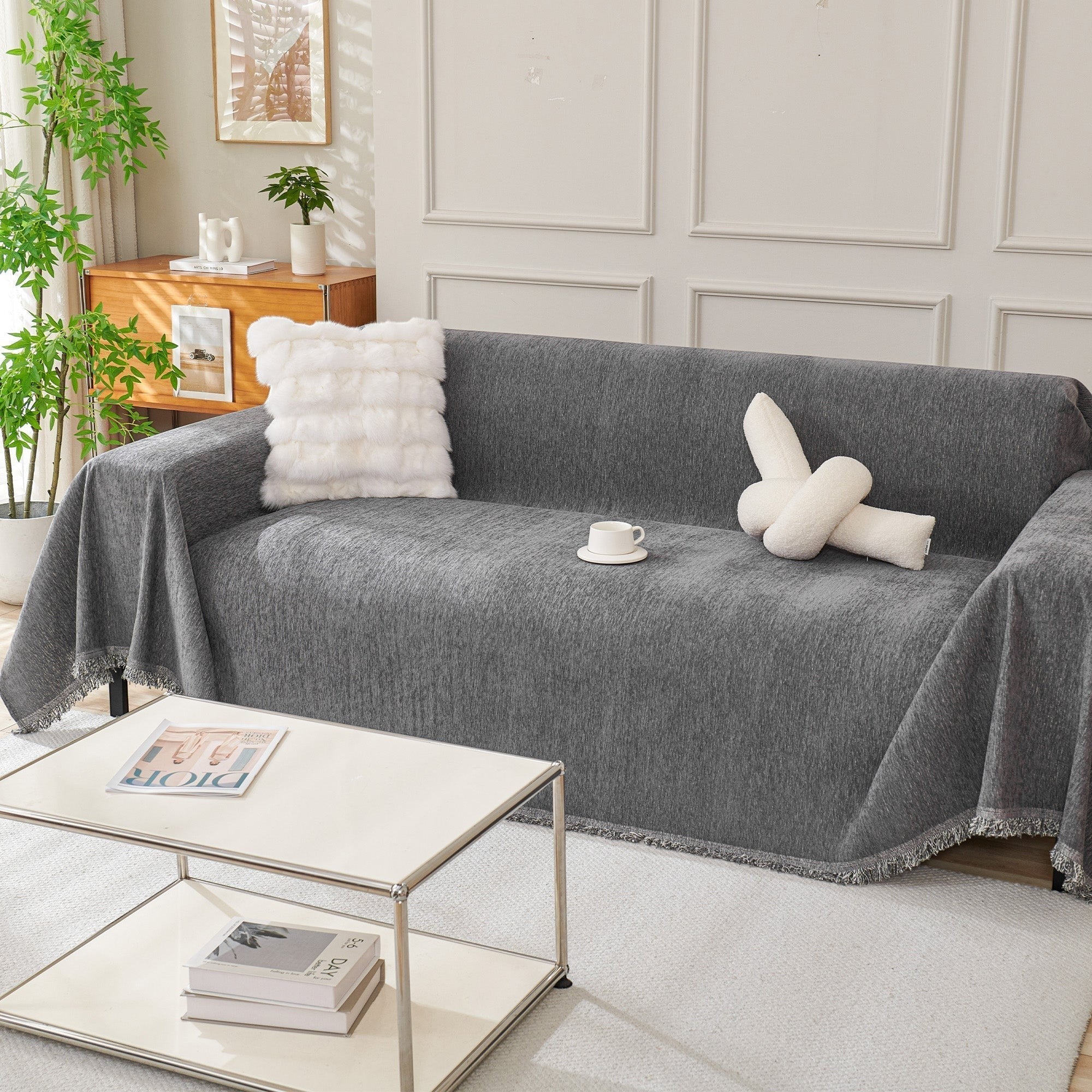 Textured Sofa Cover with Fringed Edges