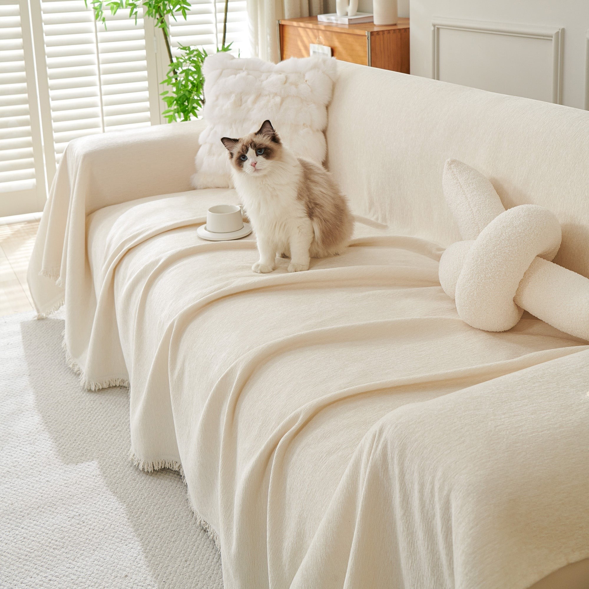 Textured Sofa Cover with Fringed Edges