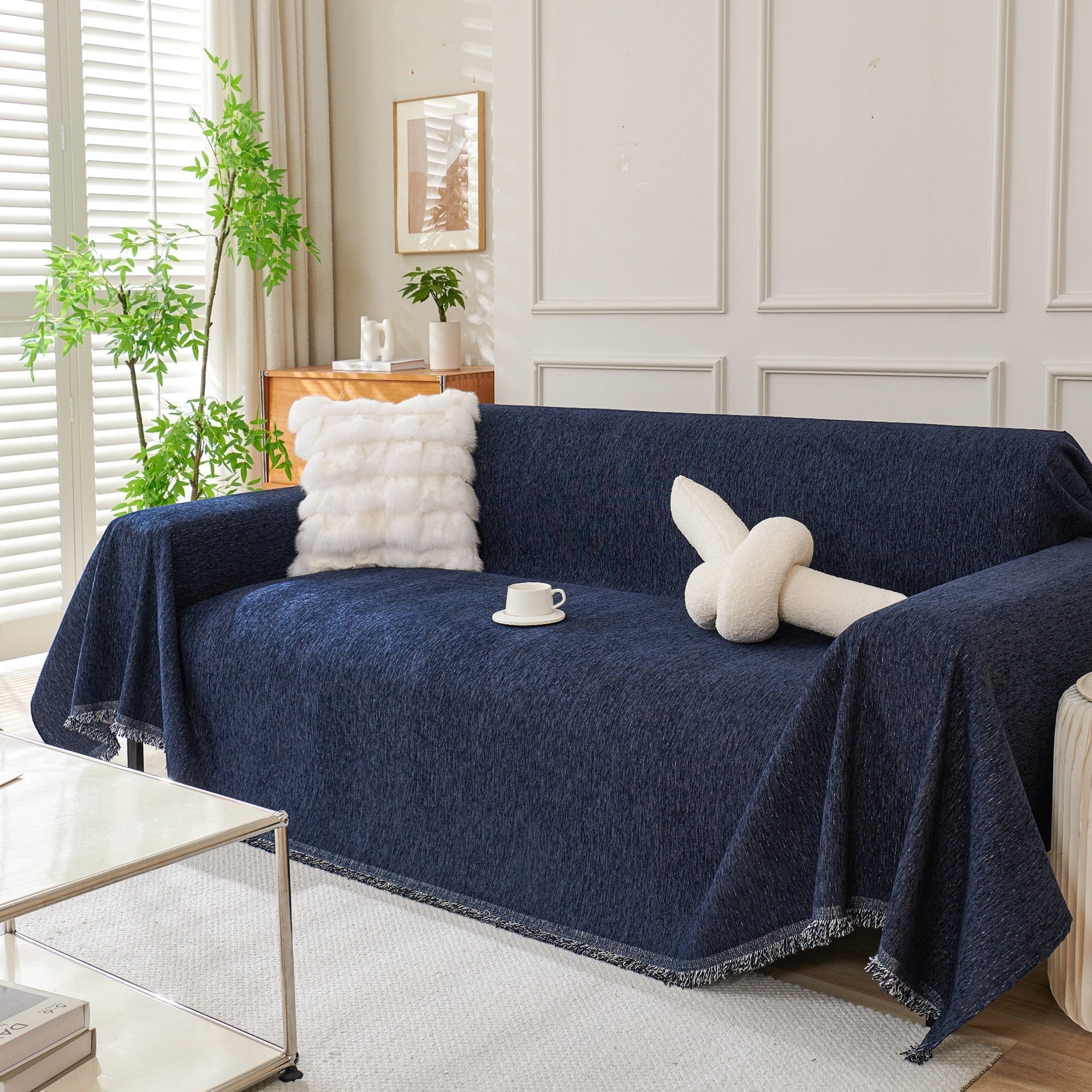 Textured Sofa Cover with Fringed Edges