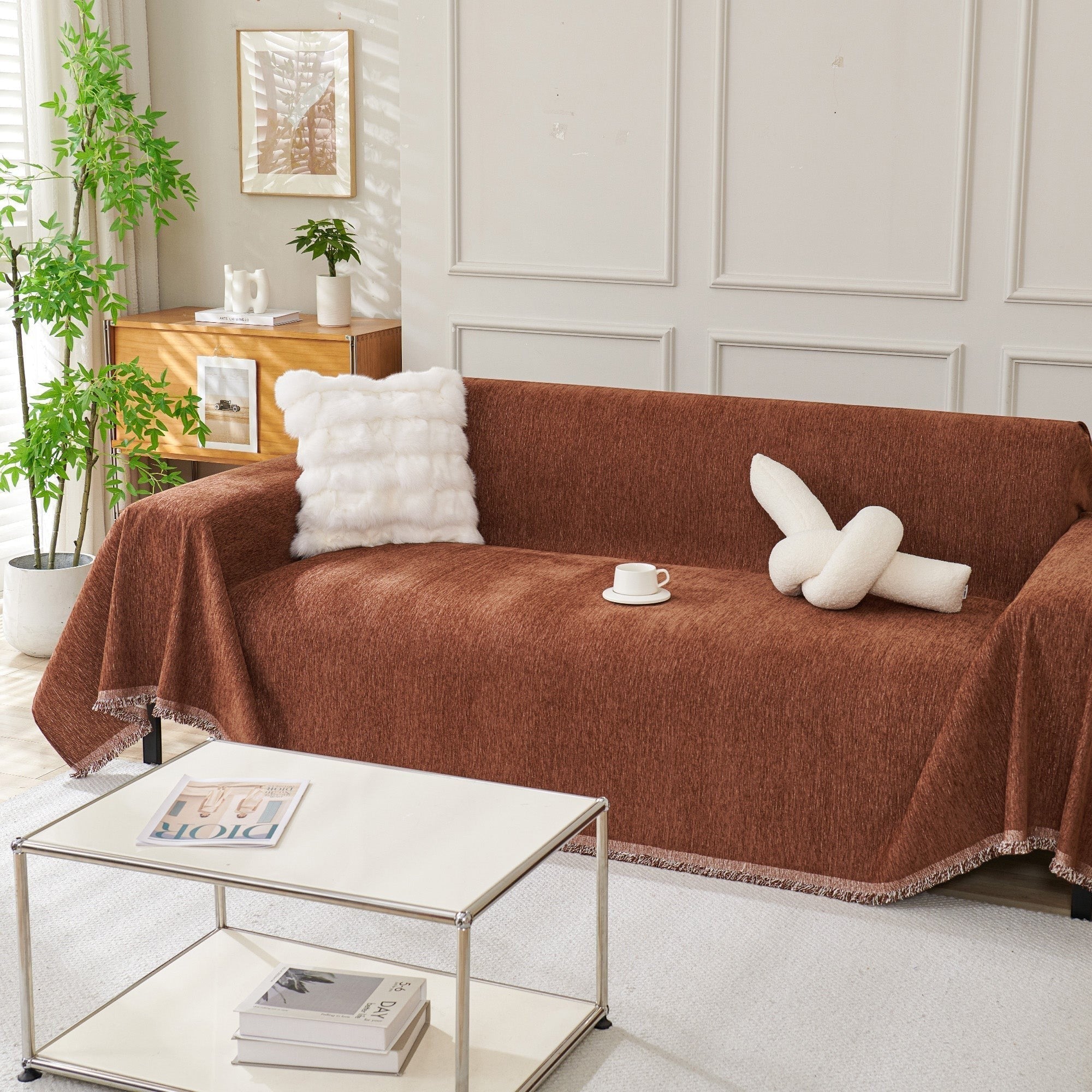 Textured Sofa Cover with Fringed Edges