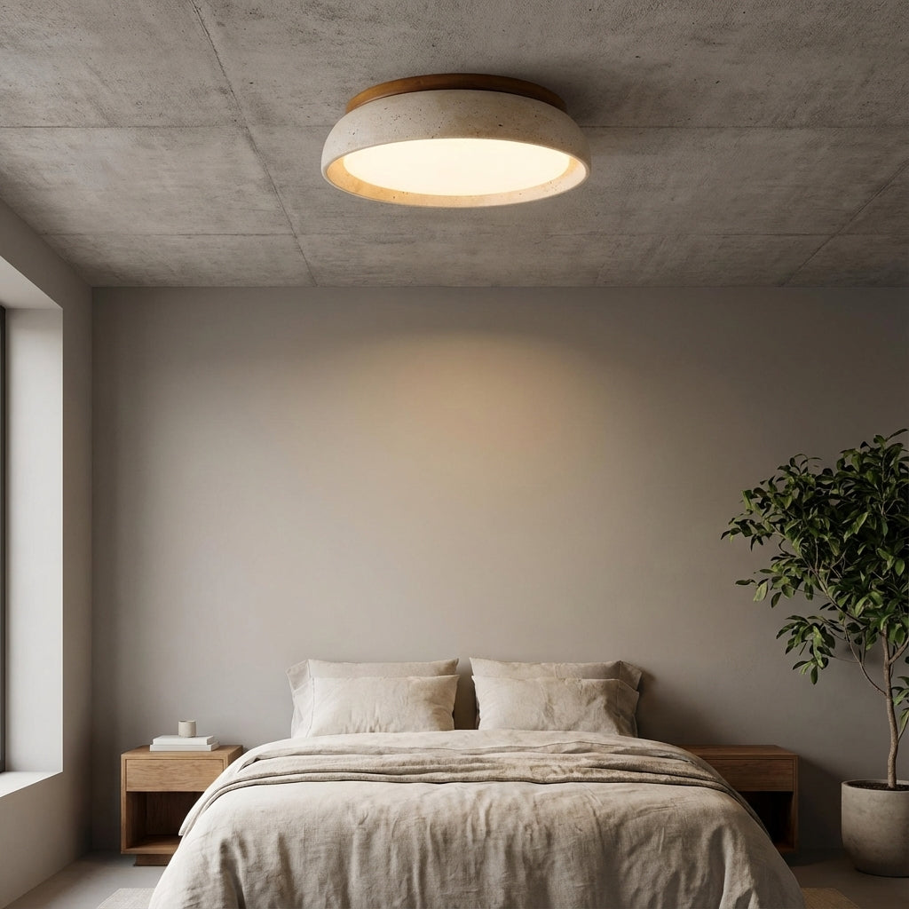 Travertine Flush Mount Ceiling Light with Wooden Trim