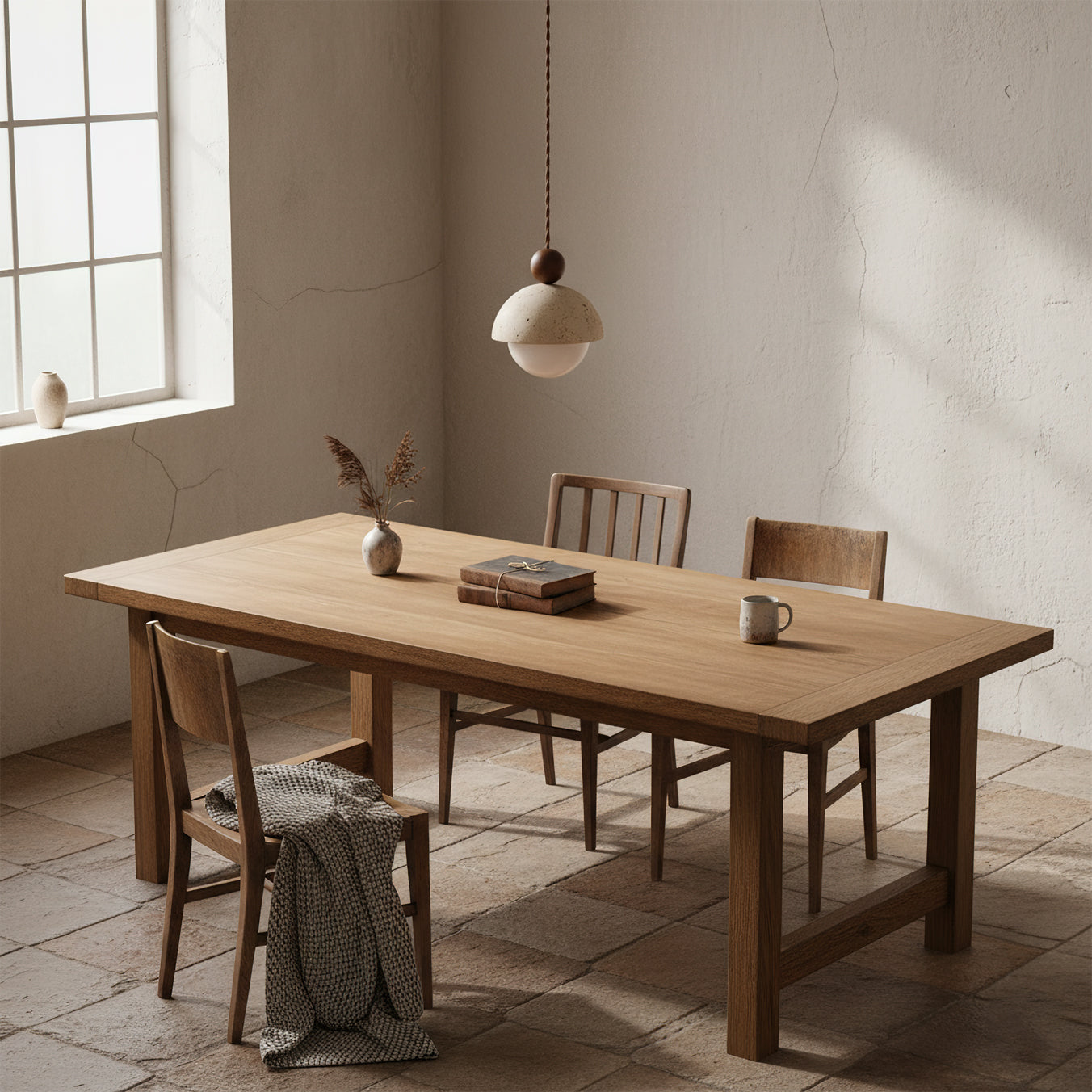 Travertine Pendant Light with Glass Globe & Wood Accent