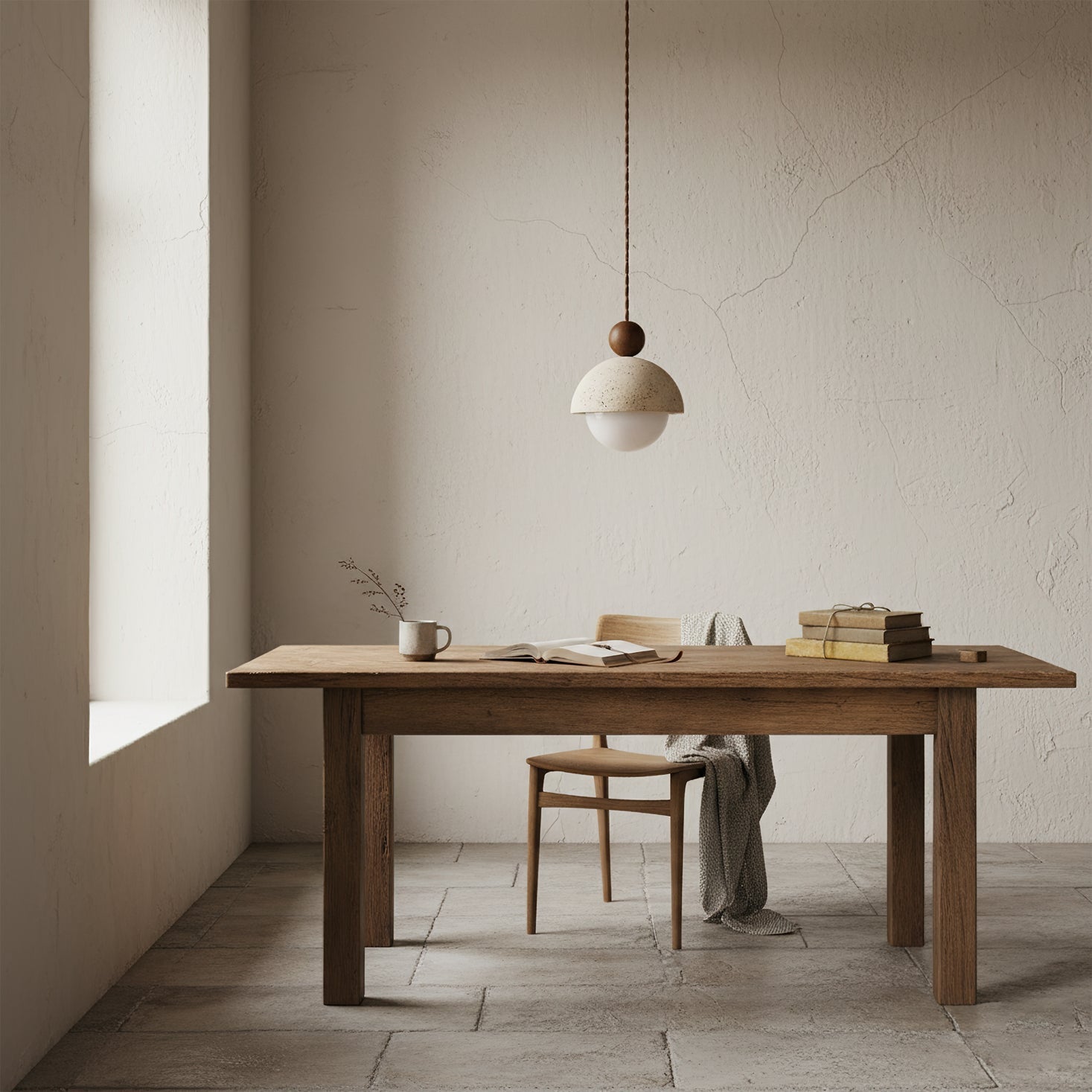 Travertine Pendant Light with Glass Globe & Wood Accent