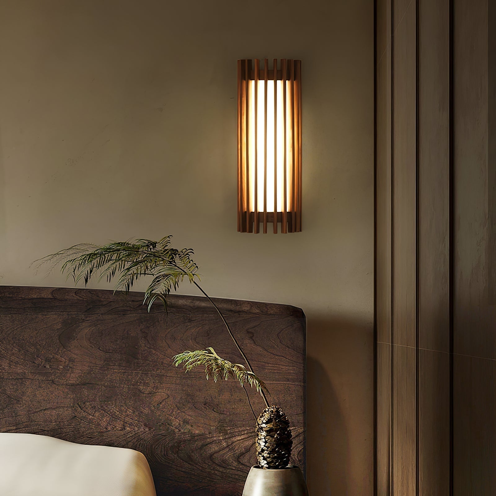 Wood Wall Sconce with LED Light & Slatted Frame