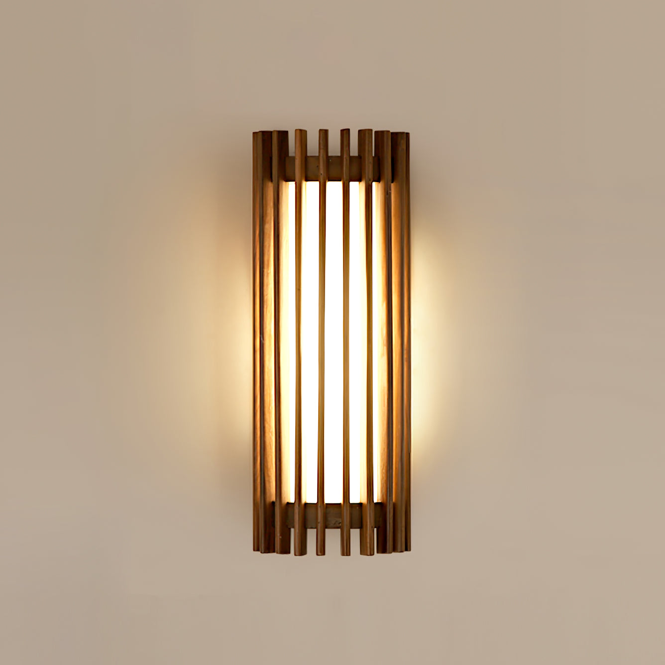 Wood Wall Sconce with LED Light & Slatted Frame