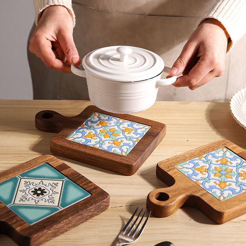 Wooden Trivet with Ceramic Tile Insert