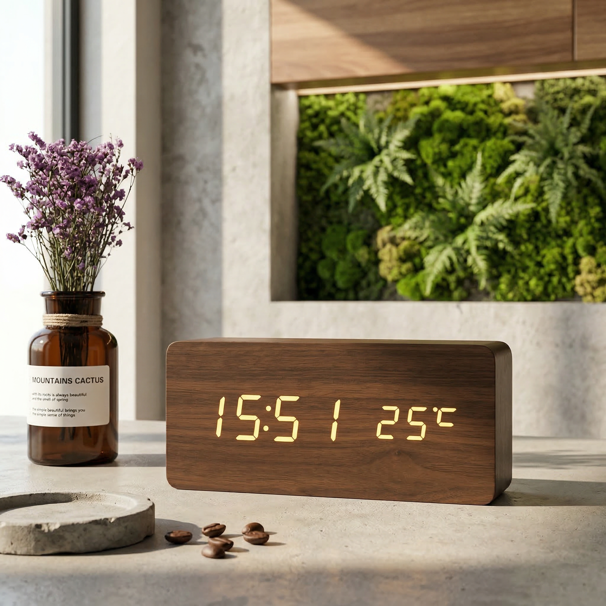 LED Digital Alarm Clock Wood Grain Temperature Display
