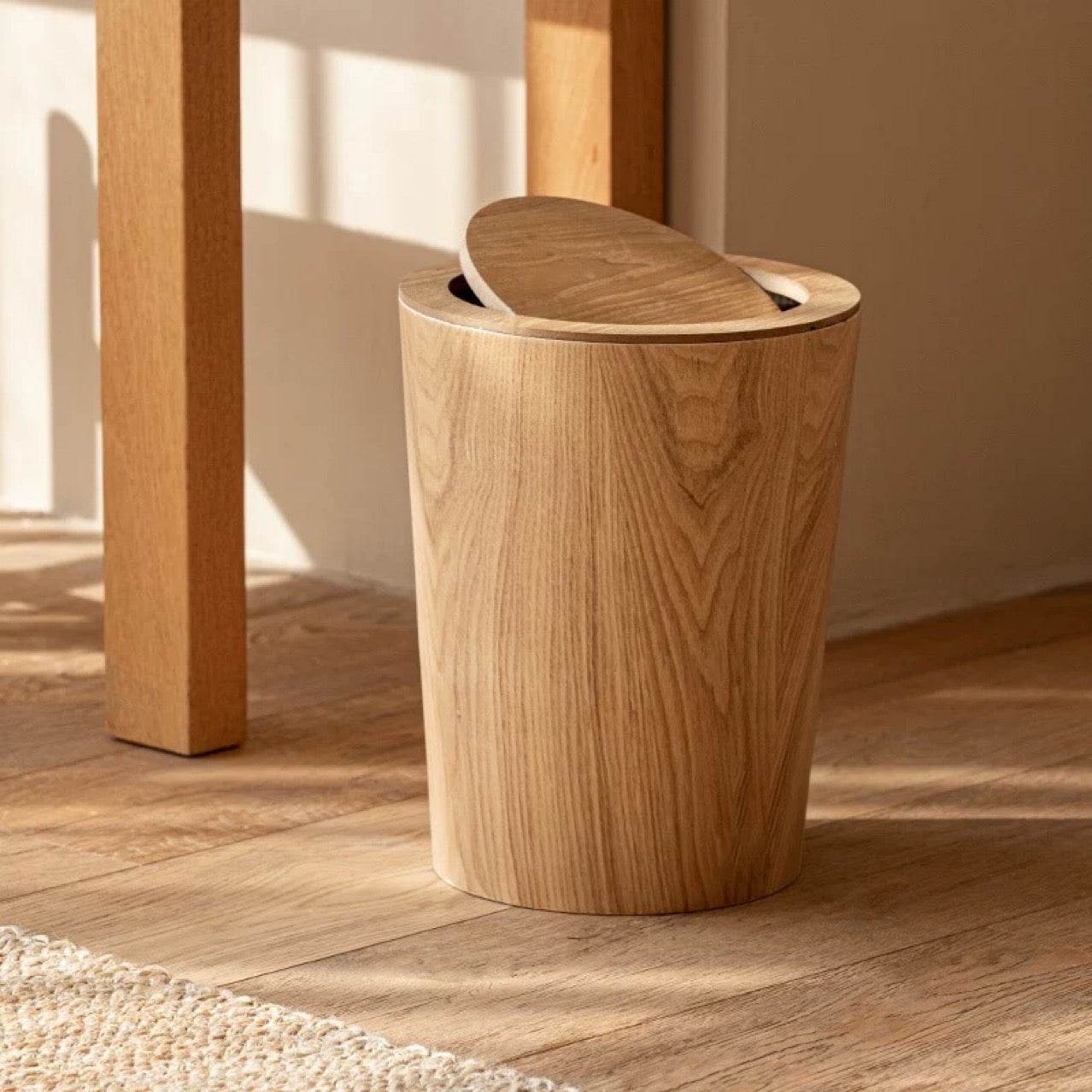 Wood Grain Swing Lid Trash Can Rotating Waste Bin