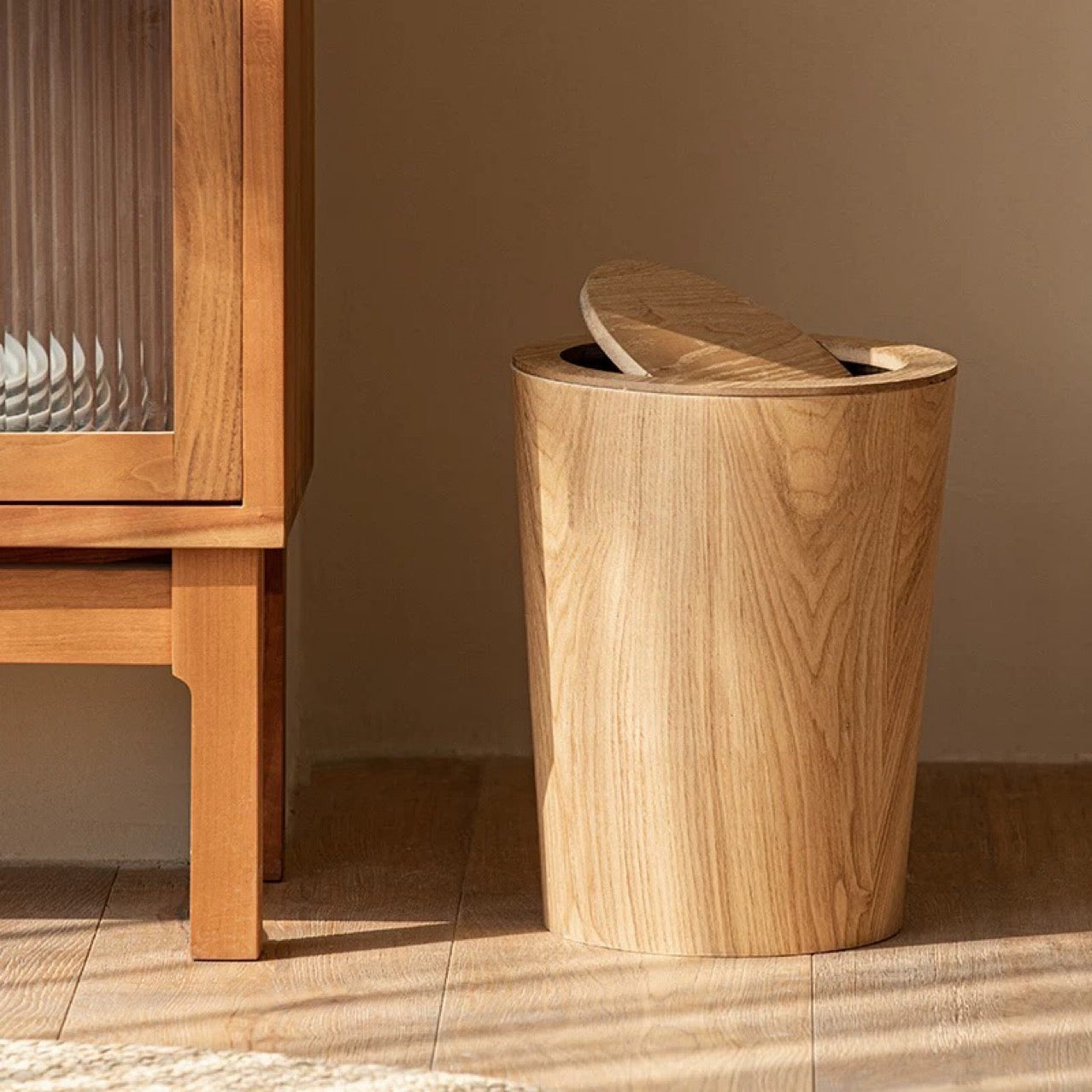 Wood Grain Swing Lid Trash Can Rotating Waste Bin