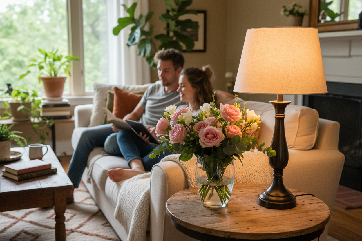 add a vase of flowers and table lamp