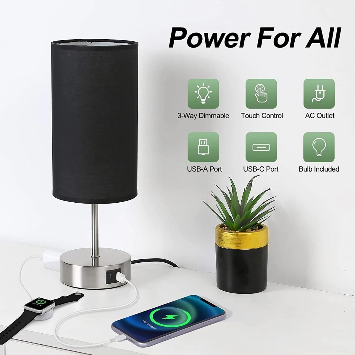 Bedside Table Lamp Touch Dimmable USB C Charging Ports AC Outlet Fabric Drum Shade Nightstand