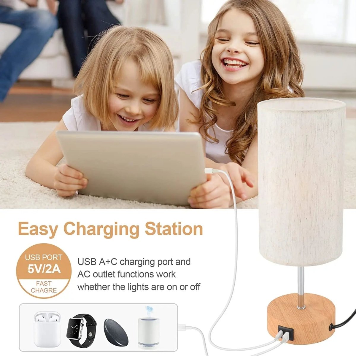 Bedside Table Lamp Touch Dimmable USB C Charging Ports AC Outlet Fabric Drum Shade Nightstand