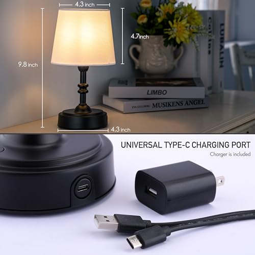 Bedside Lamp Cordless Rechargeable Mini Lampshade Classic Turned Stem USB Dimmable Bedroom Nightstand