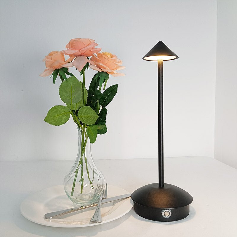 Rechargeable Table Lamp Slim Cone Shade Aluminium Cordless LED IP65 Touch Dimmable Bar Bedside