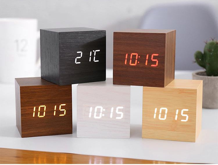 Alarm Clock LED Digital Cube Wood Grain Snooze Bedside Desk Bedroom Office