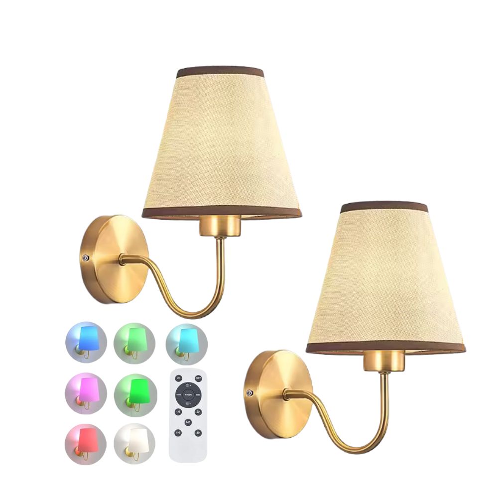Wireless Wall Sconce Set of 2 Tapered Fabric Shade Rechargeable RGB Remote Control Timer Bedroom Living Room
