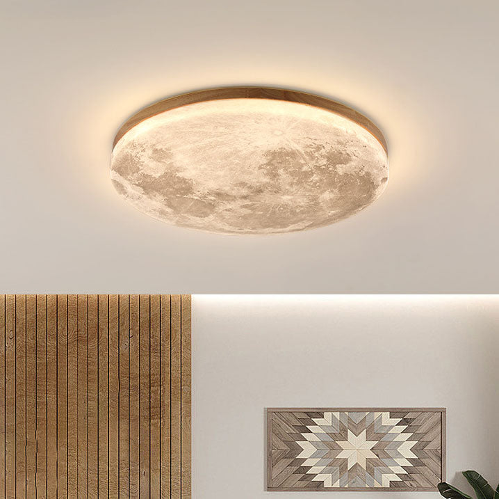 Flush Mount Ceiling Light LED Wooden Moon Round Acrylic Living Room Bedroom Hallway
