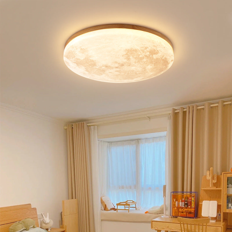 Flush Mount Ceiling Light LED Wooden Moon Round Acrylic Living Room Bedroom Hallway
