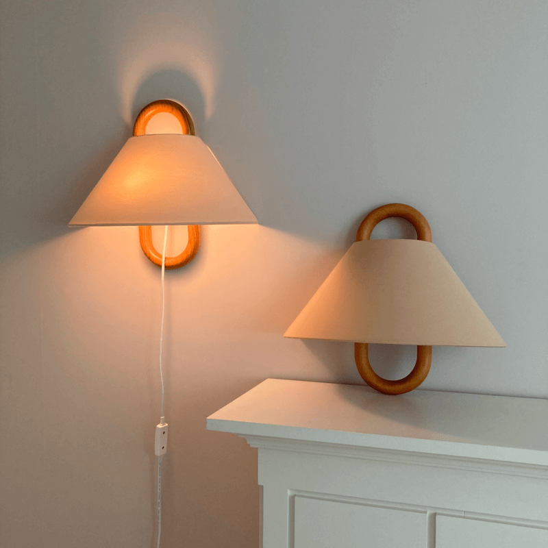 Wall Light Sconce Solid Wood Pleated Fabric Shade Semi Circle Bedroom Living Room