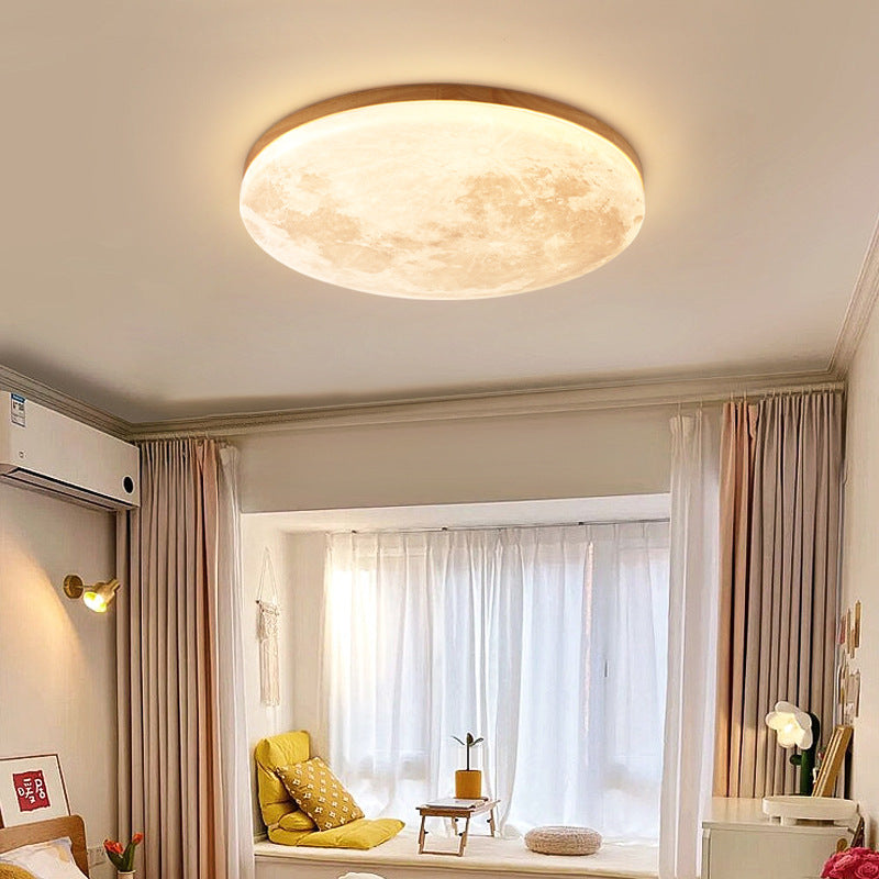 Flush Mount Ceiling Light LED Wooden Moon Round Acrylic Living Room Bedroom Hallway