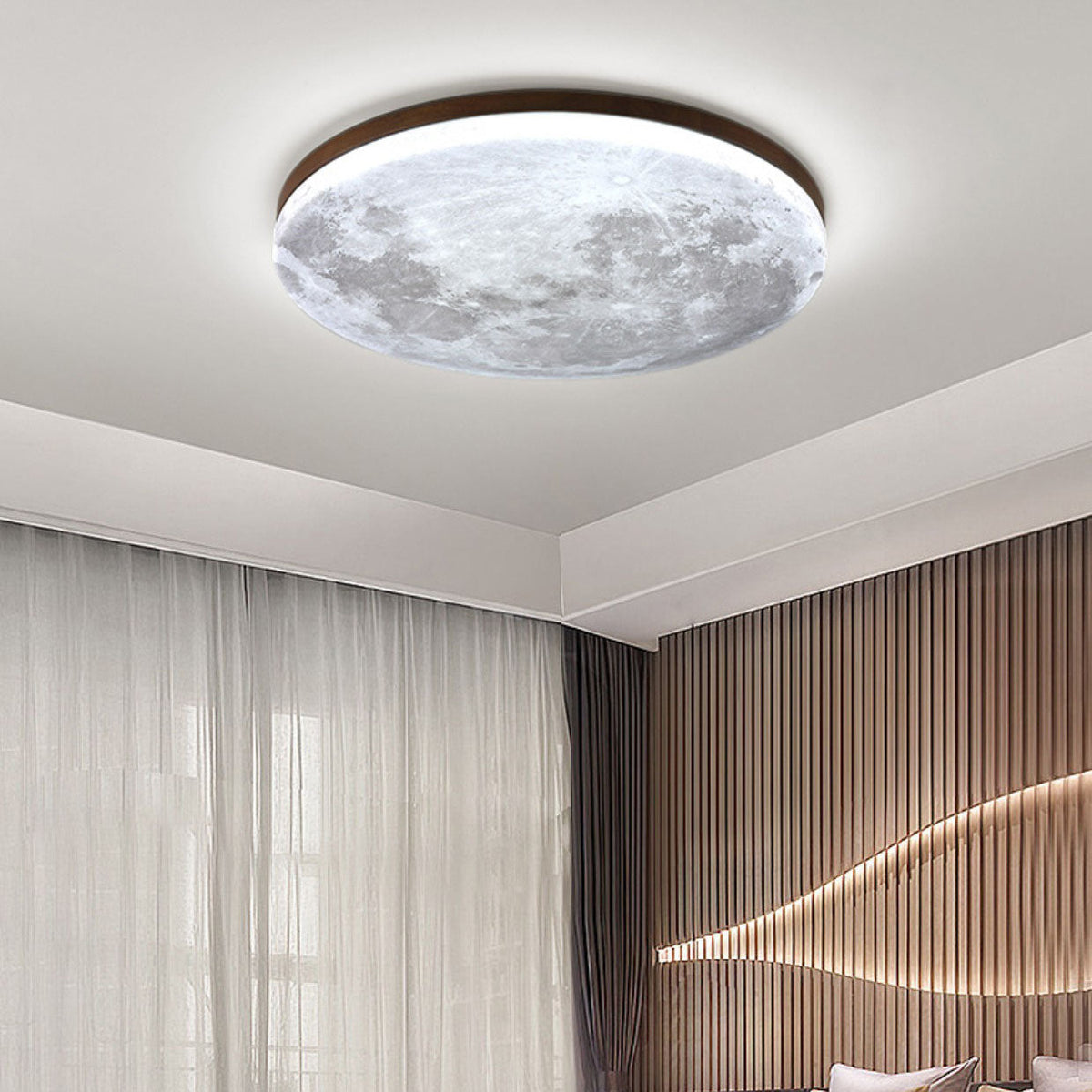 Flush Mount Ceiling Light LED Wooden Moon Round Acrylic Living Room Bedroom Hallway