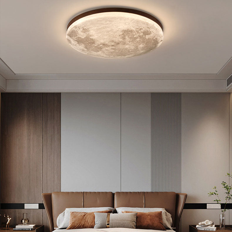 Flush Mount Ceiling Light LED Wooden Moon Round Acrylic Living Room Bedroom Hallway