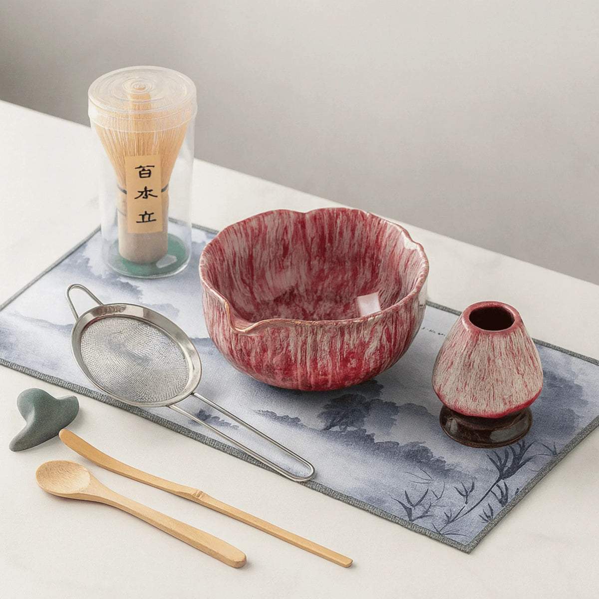 Matcha Tea Set 8 Piece Ceramic Bowl Bamboo Whisk and Sieves