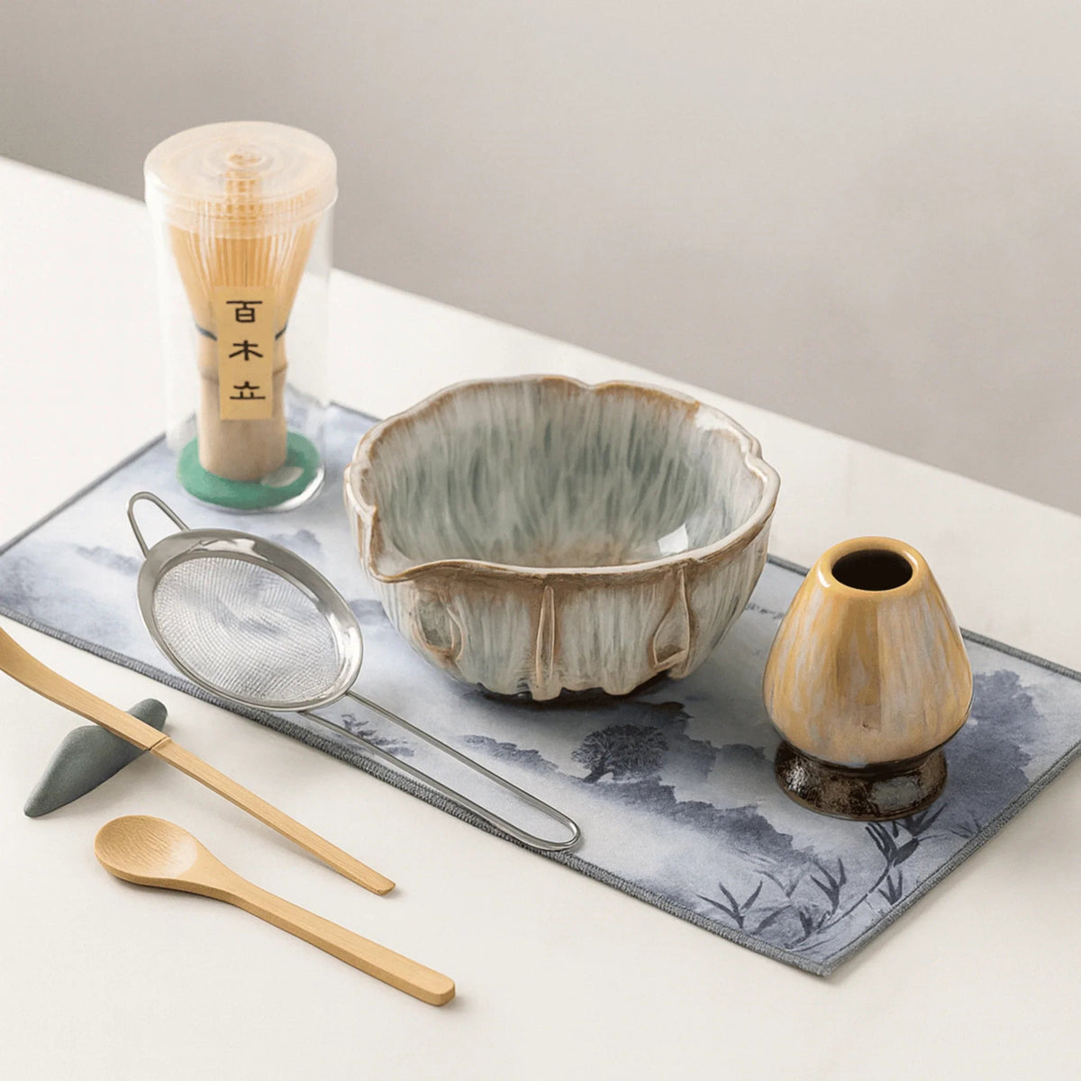 Matcha Tea Set 8 Piece Ceramic Bowl Bamboo Whisk and Sieves