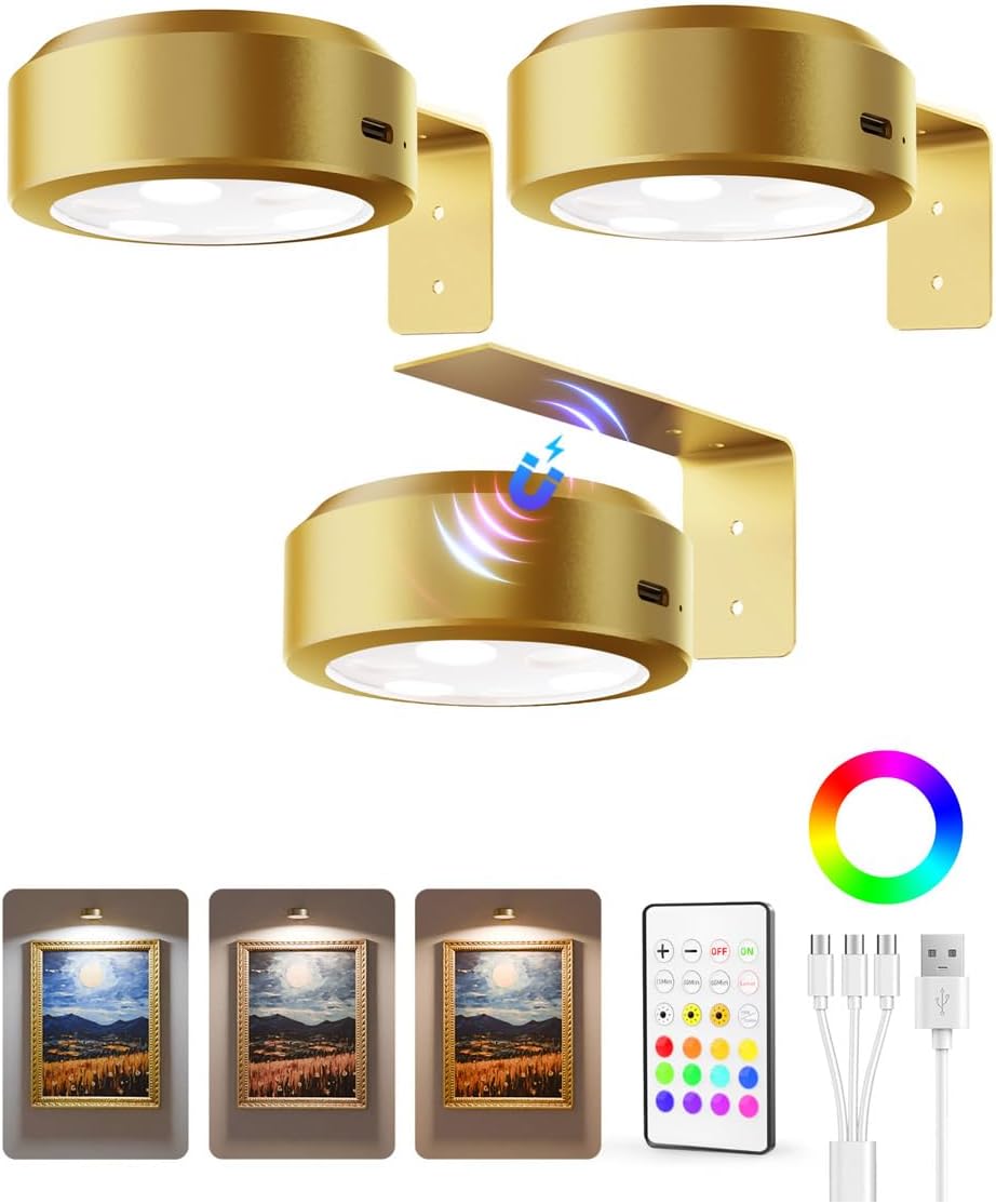 Picture Lights Wireless Puck LED Magnetic Bracket Rechargeable Remote Timer Dimmable Photo Frame Art
