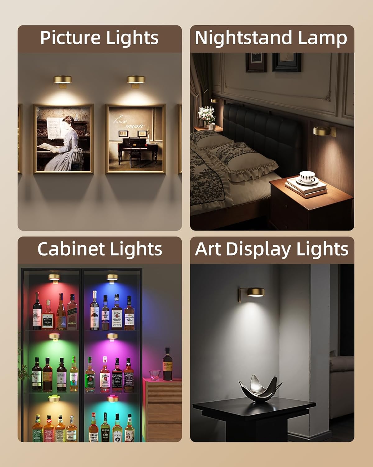 Picture Lights Wireless Puck LED Magnetic Bracket Rechargeable Remote Timer Dimmable Photo Frame Art