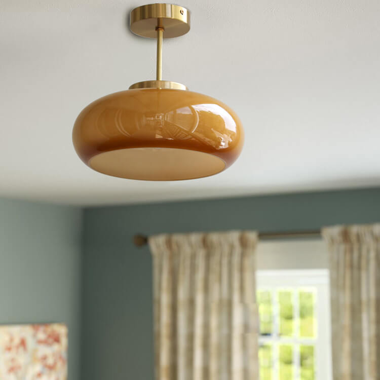 Semi Flush Mount Ceiling Light Brass Amber Glass Vintage Hallway Bedroom Living Room