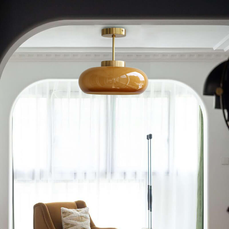 Semi Flush Mount Ceiling Light Brass Amber Glass Vintage Hallway Bedroom Living Room