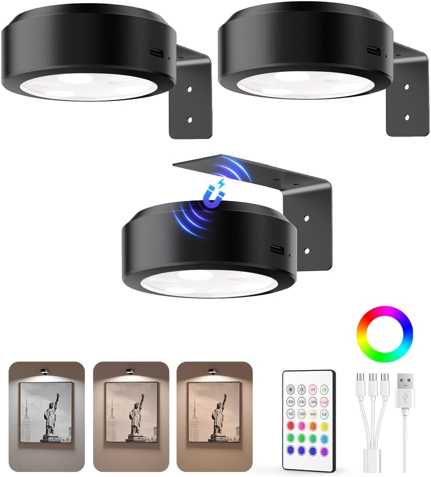 Picture Lights Wireless Puck LED Magnetic Bracket Rechargeable Remote Timer Dimmable Photo Frame Art