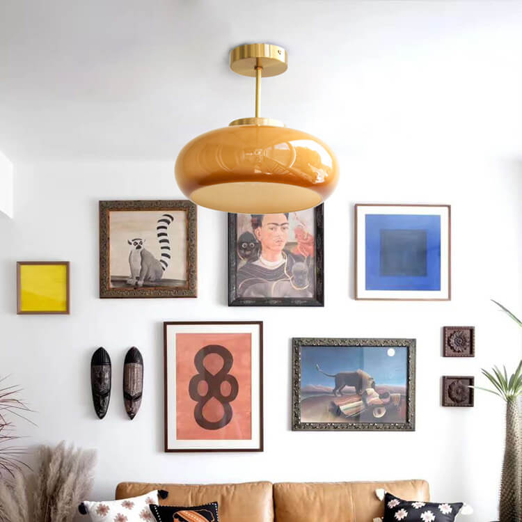 Semi Flush Mount Ceiling Light Brass Amber Glass Vintage Hallway Bedroom Living Room