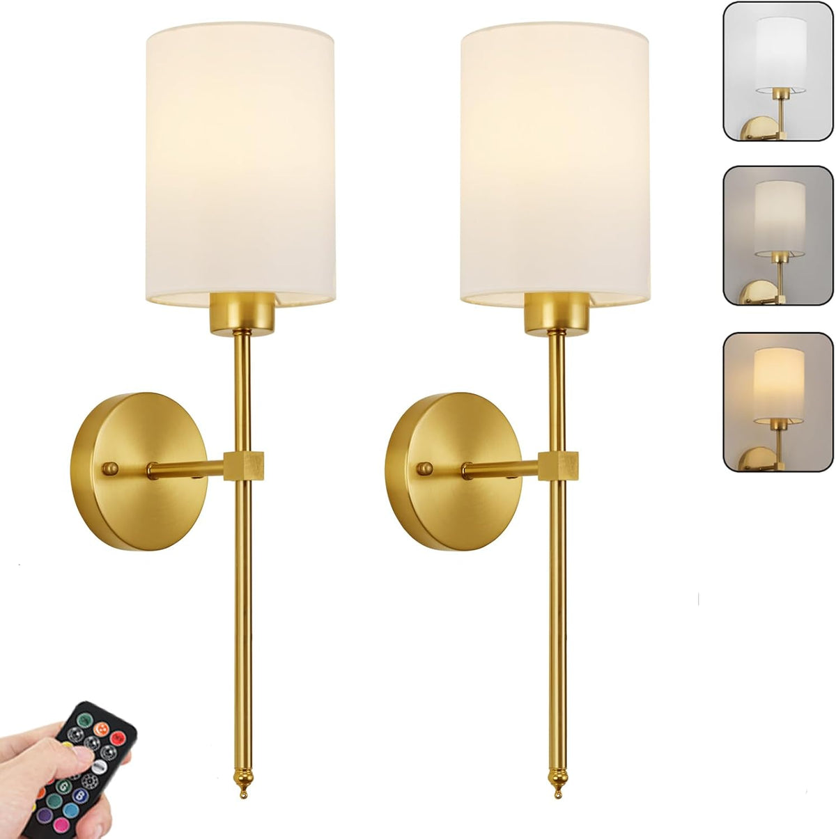 Battery Wall Sconce Set of 2 Cylinder Fabric Shade Rechargeable RGB Remote Timer Dimmable Dining Room