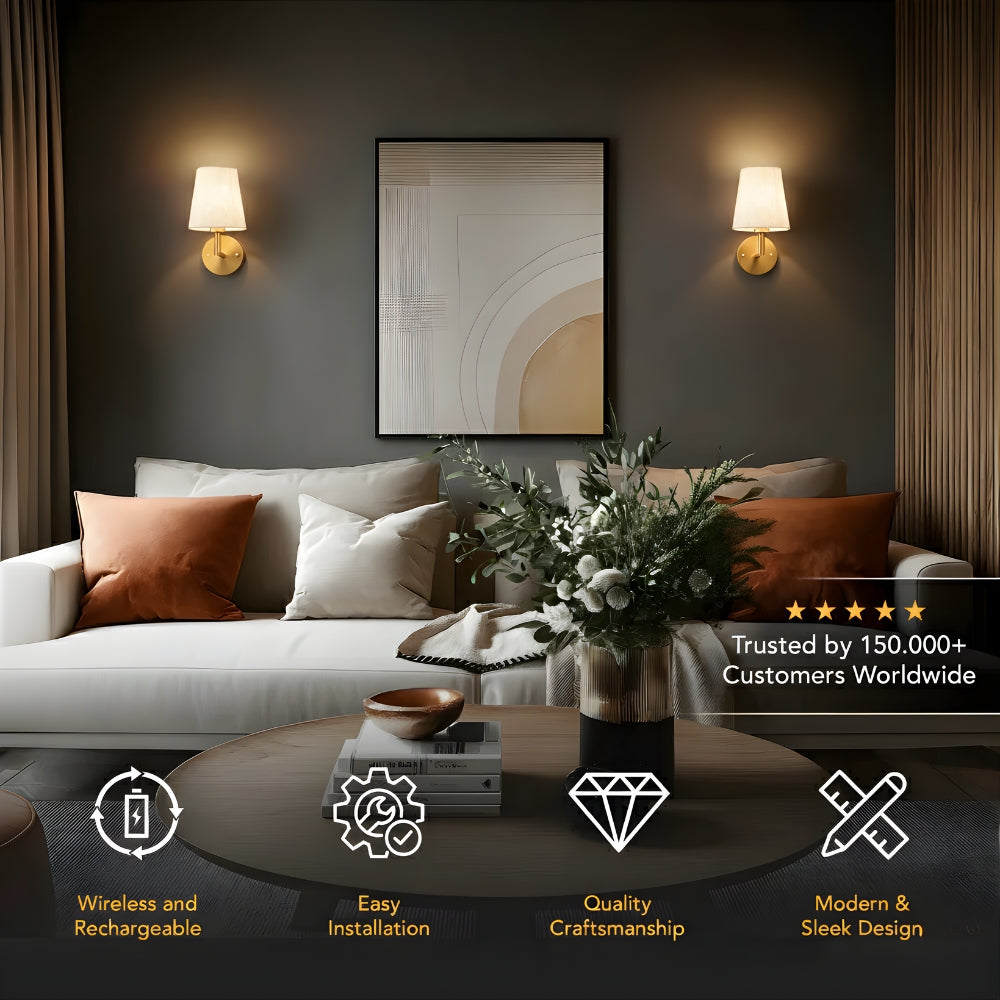Battery Powered Wall Light Set of 2 Fabric Shade Iron Frame Rechargeable Remote Dimmable Bedroom