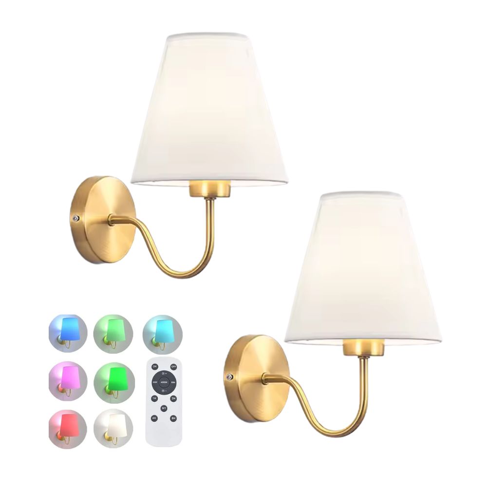 Wireless Wall Sconce Set of 2 Tapered Fabric Shade Rechargeable RGB Remote Control Timer Bedroom Living Room