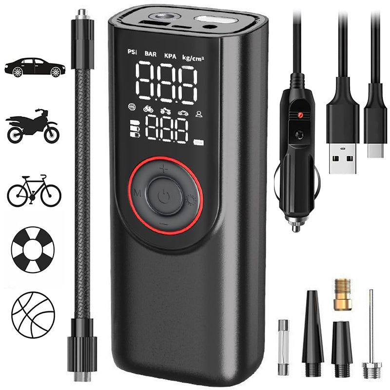 Portable Tyre Inflator Cordless Rechargeable Auto Shut Off Power Bank LED Light Car Bike Motorcycle