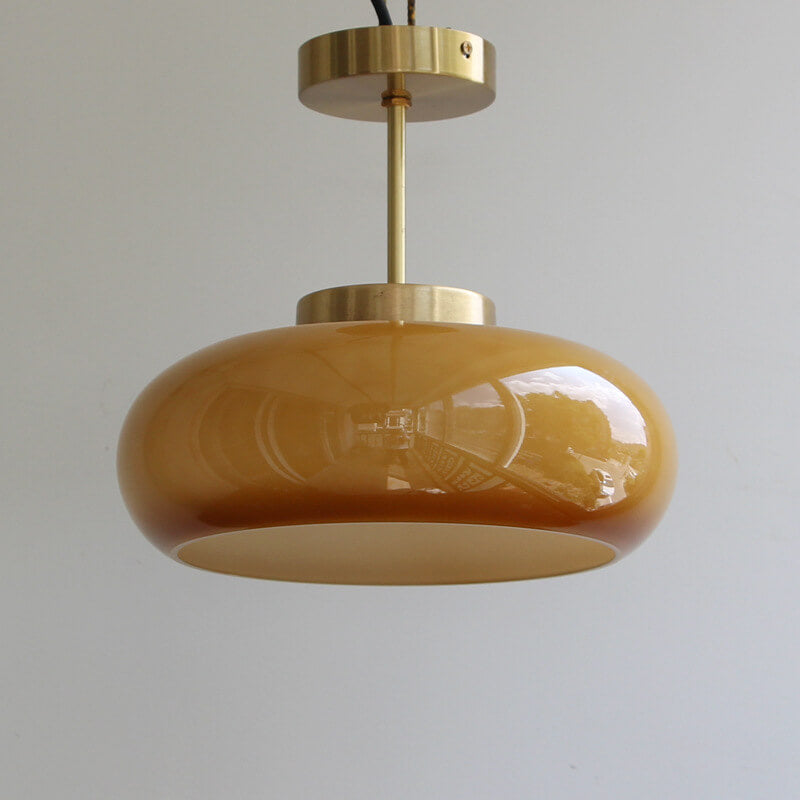 Semi Flush Mount Ceiling Light Brass Amber Glass Vintage Hallway Bedroom Living Room