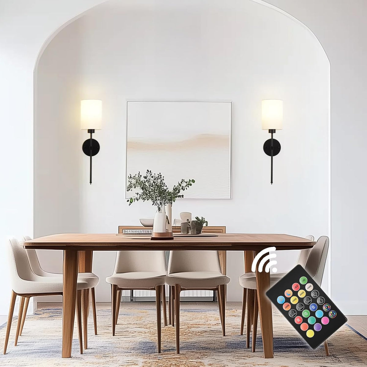 Battery Wall Sconce Set of 2 Cylinder Fabric Shade Rechargeable RGB Remote Timer Dimmable Dining Room