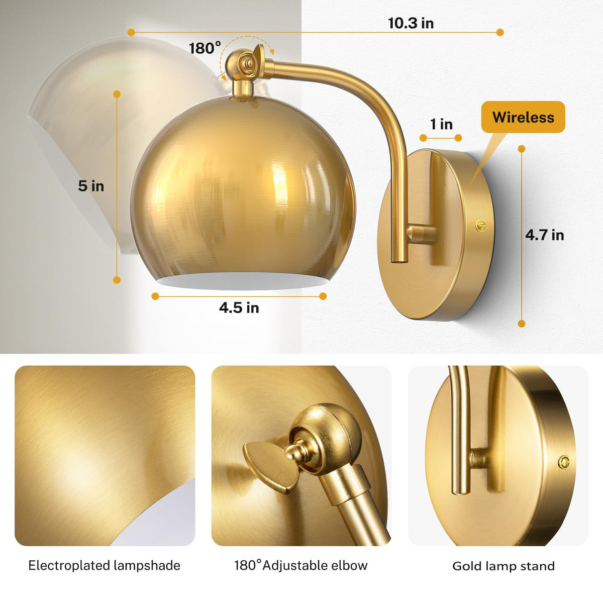 Battery Wall Sconce Set of 2 Globe Metal Shade Wireless Remote Control Dimmable Timer Bedside Bedroom