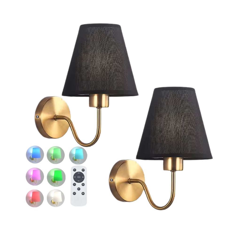 Wireless Wall Sconce Set of 2 Tapered Fabric Shade Rechargeable RGB Remote Control Timer Bedroom Living Room