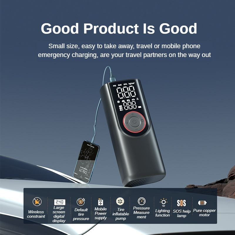 Portable Tyre Inflator Cordless Rechargeable Auto Shut Off Power Bank LED Light Car Bike Motorcycle
