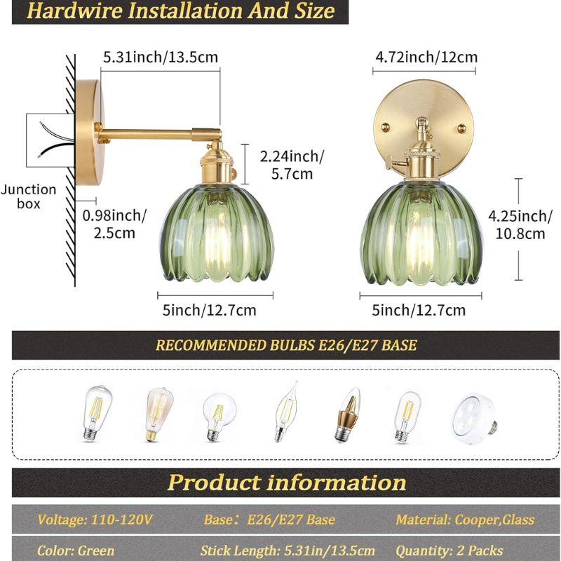 Vintage Wall Sconce Set of 2 Fluted Glass Shade Brass Fitting Hardwired Bedroom Hallway Living Room