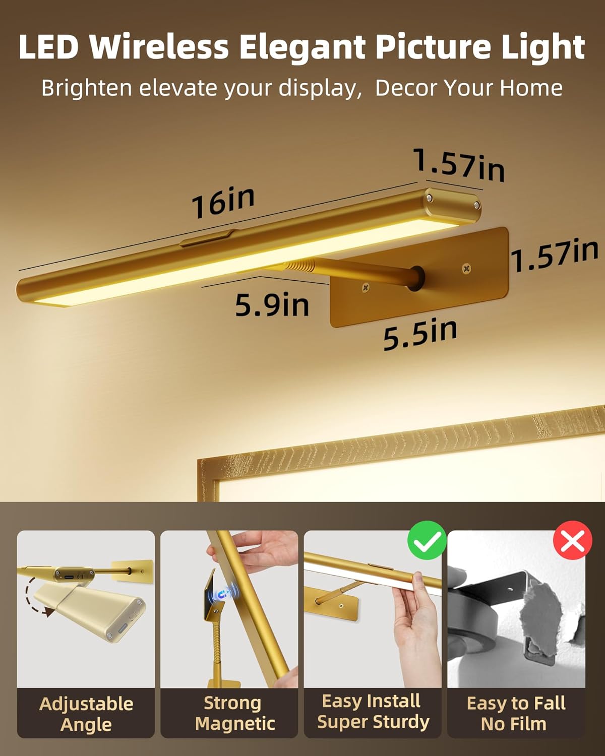 Picture Light Wireless Rechargeable LED with Remote Timer 3 Colour Temperature RGB Magnetic Art Display