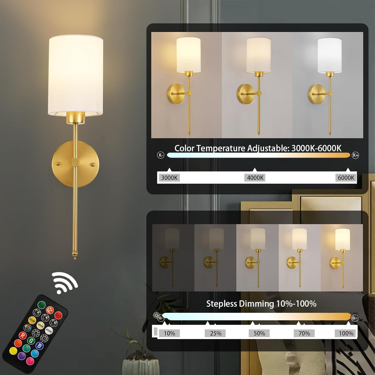 Battery Wall Sconce Set of 2 Cylinder Fabric Shade Rechargeable RGB Remote Timer Dimmable Dining Room
